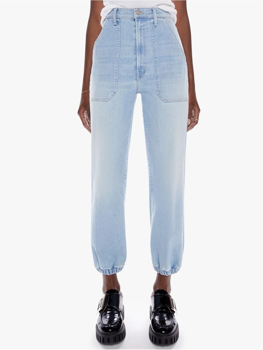 MOTHER The Wrapper Patch Springy Ankle Jogger Jeans Light Blue 27